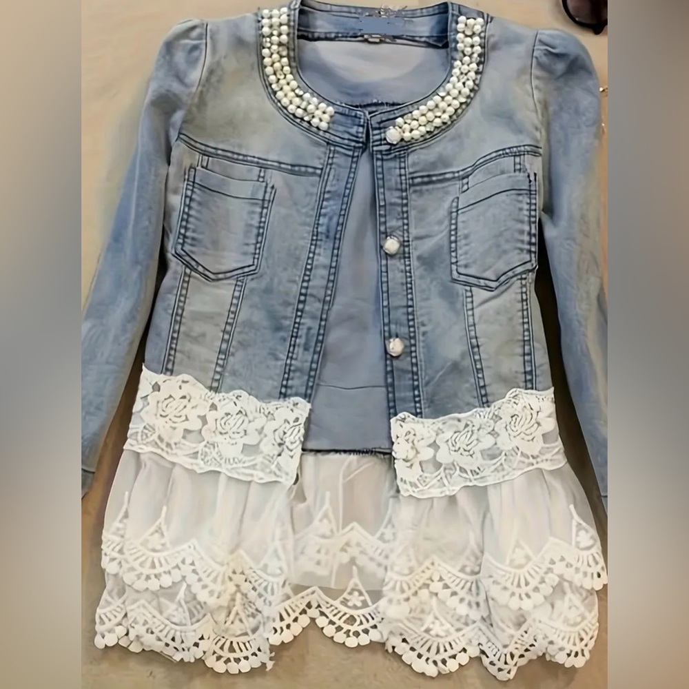 Pearl Embellished Denim Jacket with Lace Trim